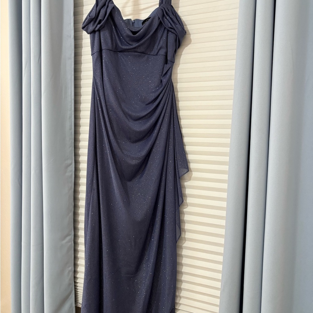 Alex Evenings Blue Ruched Maxi Gown Cold Shoulder - Picture 9 of 9